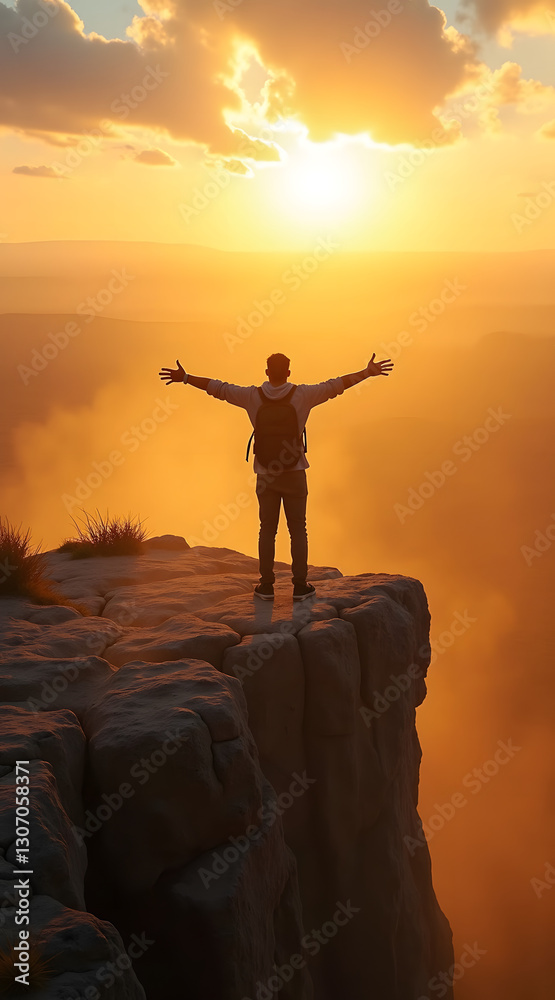 A person stands on a rocky cliff with arms outstretched, basking in the golden glow of a sunset, evoking feelings of freedom and adventure A person stands on a rocky cliff with arms outstretched, basking in the golden glow of a sunset, evoking feelings of freedom and adventure