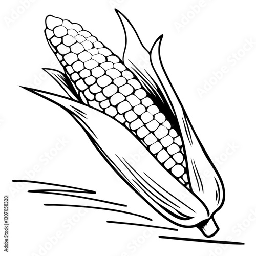 Corn cob illustration in black and white on a transparent background