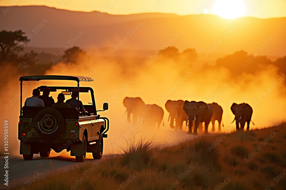 Fototapeta premium A safari vehicle carrying several people watches elephants at sunset, surrounded by dust and a golden glow, capturing the beauty of wildlife in its natural habitat