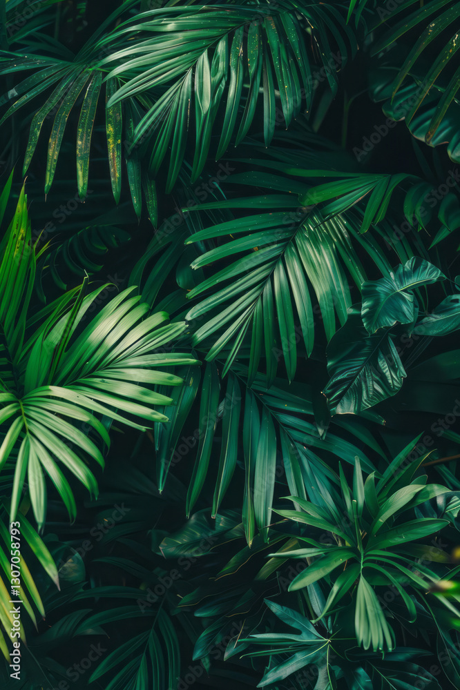 A closeup of leaves creates an atmosphere of mystery and intrigue in a dark green palm tree forest. A closeup of leaves creates an atmosphere of mystery and intrigue in a dark green palm tree forest.
