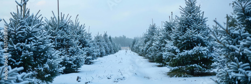 A snow-covered Christmas tree farm features rows of evergreen trees stretching into the distance, with the cut-down trees standing tall with white decorations.