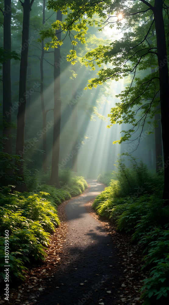 Obraz premium A serene forest path winds through tall trees, dappled sunlight pierces the mist, creating a tranquil atmosphere rich with greenery