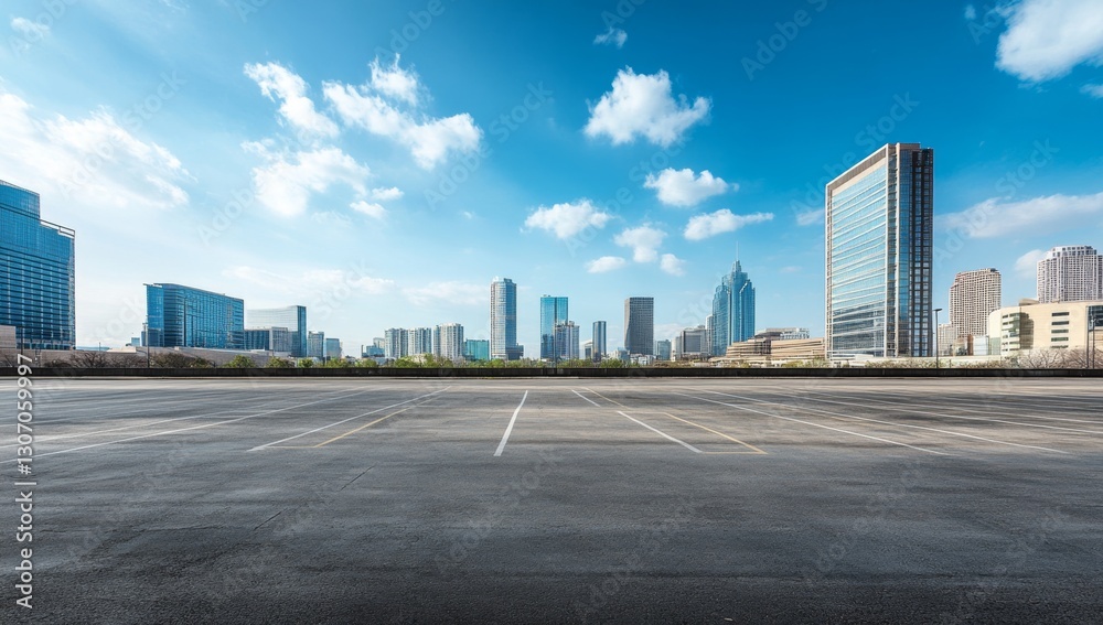 Empty parking lot, city skyline, sunny day (2) Empty parking lot, city skyline, sunny day (2)