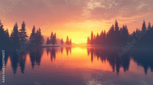A vibrant sunset over a calm lake, silhouettes of distant trees reflected on the water, peaceful and tranquil atmosphere, ultra-detailed, high resolution, 4K.