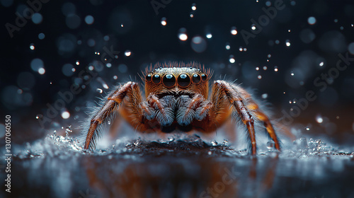 A spider in the rain: A close-up capture of a jumping spider in the rain. The rain effect emphasizes the macro-level and the beauty of nature.