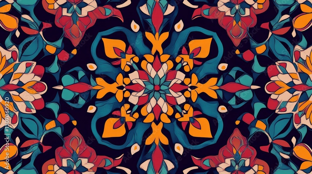 Fototapeta premium A vibrant tile pattern inspired by traditional Middle Eastern designs, intricate geometric shapes, rich colors, ultra-detailed, 4K.
