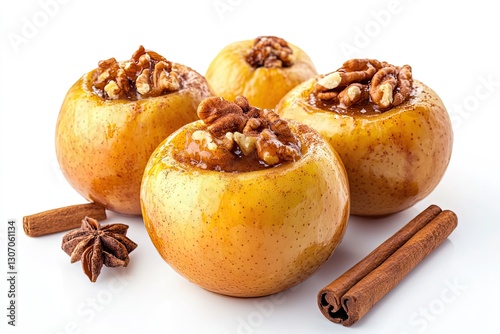 Baked apple stuffed with cinnamon and nuts isolated on white background  photo