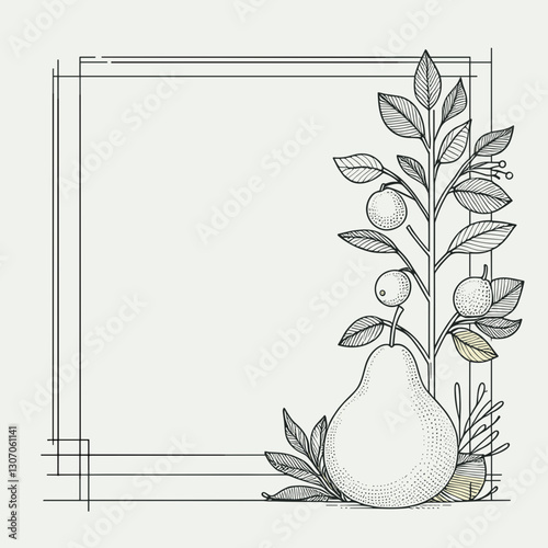Pear tree with ripe pears and foliage, outline illustration, copy space for text
