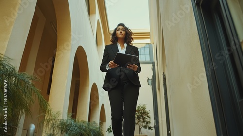 Free Download Businesswoman tablet hallway confident AI generated - GFXLoad