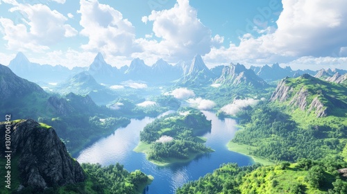 a virtual reality landscape, pixelated mountains, glowing rivers, digital clouds, sci-fi video game world, surreal digital world concept