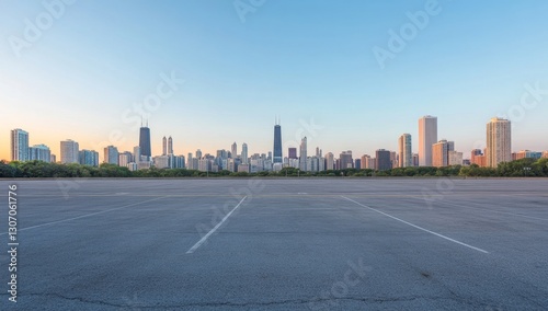 Fototapeta Naklejka Na Ścianę i Meble -  Empty parking lot, Chicago skyline sunrise (2)