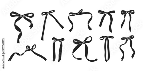 Hand drawn Black ribbon bow collection, Silhouette icons with elegant ribbons and ties.