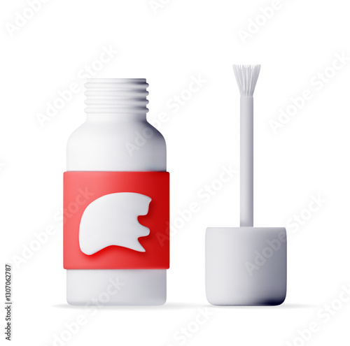 3D Plastic white bottle with stationery corrector isolated. Render correction fluid in container with brush. Tools for education and work. Stationery and office supply. Vector illustration