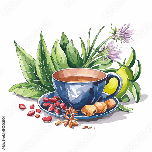 Herbal Tea and Ingredients Watercolor Illustration