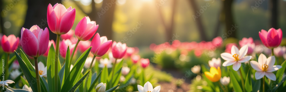Ein Blühender Frühlingsgarten Ist Voller Leuchtender Osterglocken Und Lebhaften Farben, Eine Wunderschöne Szene In Der Natur. Ein Blühender Frühlingsgarten Ist Voller Leuchtender Osterglocken Und Lebhaften Farben, Eine Wunderschöne Szene In Der Natur.