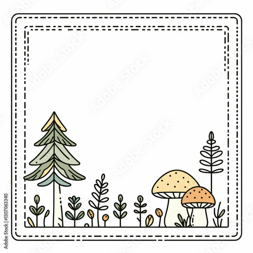 Mushroom in a forest with trees and plants, whimsical illustration, copy space for text