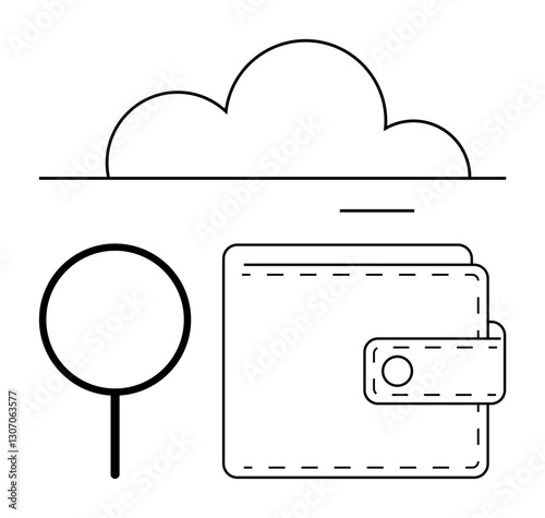 Wallet, cloud, and magnifying glass highlight digital finance, security, transparency, data storage, and search. Ideal for fintech, banking cryptocurrency cloud services cybersecurity audits