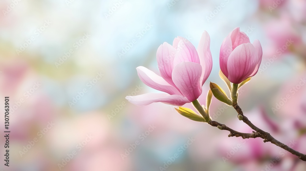 Pink magnolia blossoms bloom gracefully in a serene spring garden setting during daylight Pink magnolia blossoms bloom gracefully in a serene spring garden setting during daylight