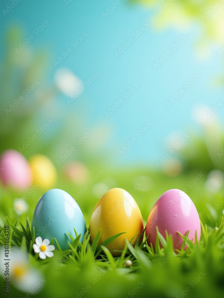 Fototapeta premium Easter Eggs Are Scattered Across A Vibrant Green Lawn With A Happy Easter Holiday Background Behind Them.