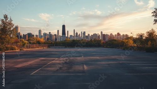 Fototapeta Naklejka Na Ścianę i Meble -  Empty parking lot, Chicago skyline sunset