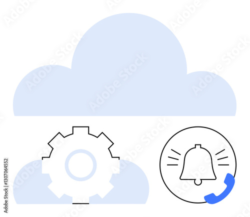 Gear symbolizing settings, blue cloud shapes, and ringing bell emphasizing system notifications. Ideal for technology, automation, alert systems, communication, cloud service, IT management flat