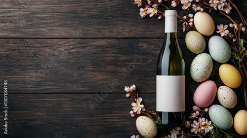Elegant Spring Celebration with Wine Bottle and Colorful Easter Eggs Surrounded by Flowers on Dark Wooden Background