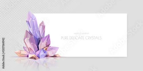 A refined cluster of purple and peach-colored crystals with white frame, placed on a light minimalist background