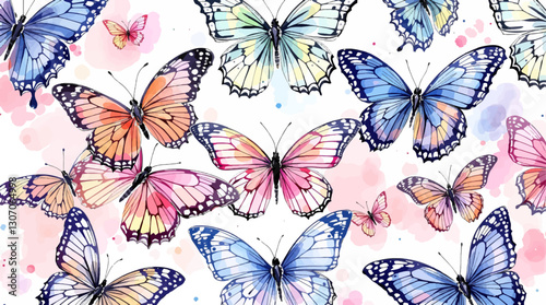Watercolor pattern butterflies on white background