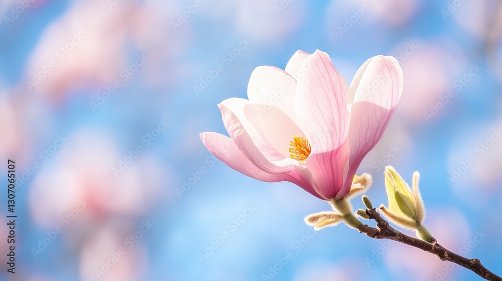 Beautiful magnolia flower blooms in spring sunlight against a soft blue background Beautiful magnolia flower blooms in spring sunlight against a soft blue background