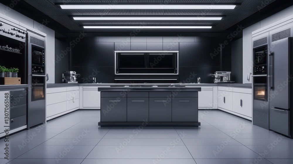 Fototapeta premium Modern Sleek Kitchen Design with Stainless Steel Appliances and Minimalist Aesthetics for Culinary Enthusiasts