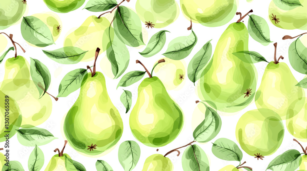 Watercolor pears and leaves seamless pattern on a white background. Perfect for vintage-inspired designs and soft, organic branding.
