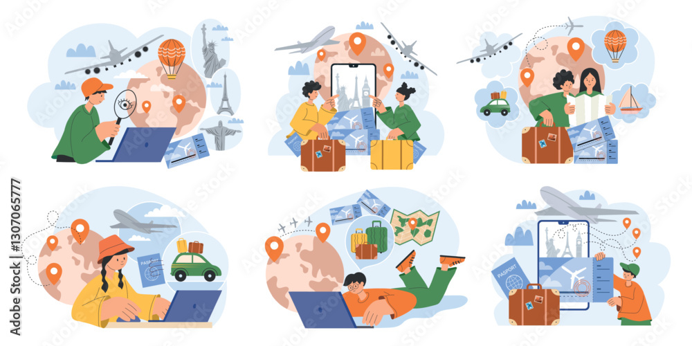 Fototapeta premium Tourists plan. Concept scenes of adventure trip organisation processes check in hotel buying tickets preparing map route recent vector templates