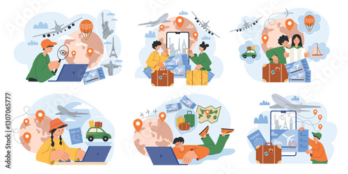 Tourists plan. Concept scenes of adventure trip organisation processes check in hotel buying tickets preparing map route recent vector templates