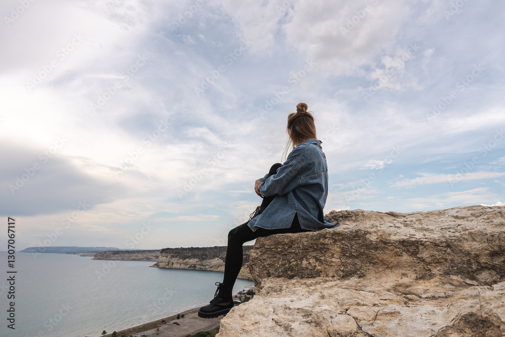 Young Woman Enjoying Peaceful Coastal View from a Cliff Young Woman Enjoying Peaceful Coastal View from a Cliff