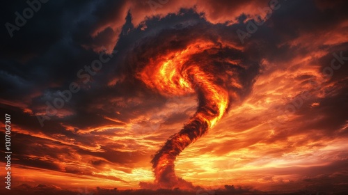 Fire tornado spiraling into the sky, glowing with vibrant energy, abstract and intense, cinematic and powerful, highly detailed and dramatic