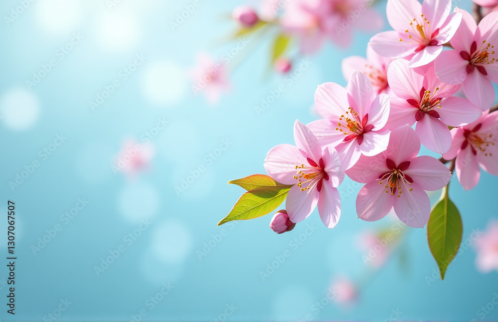 Obraz premium Colorful Sakura Blossoms On A Light Blue Background With Bokeh And A Banner Wishing A Happy Easter From Above.