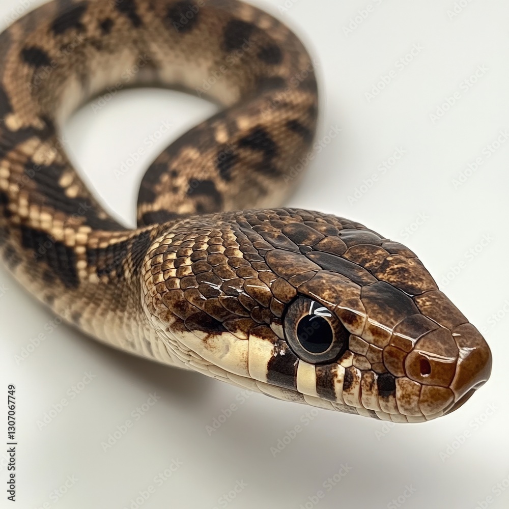 Fototapeta premium A snake's head tilts, eyeing forward with intent as its vividly speckled, brown-and-black body snakes rightward in sharp focus