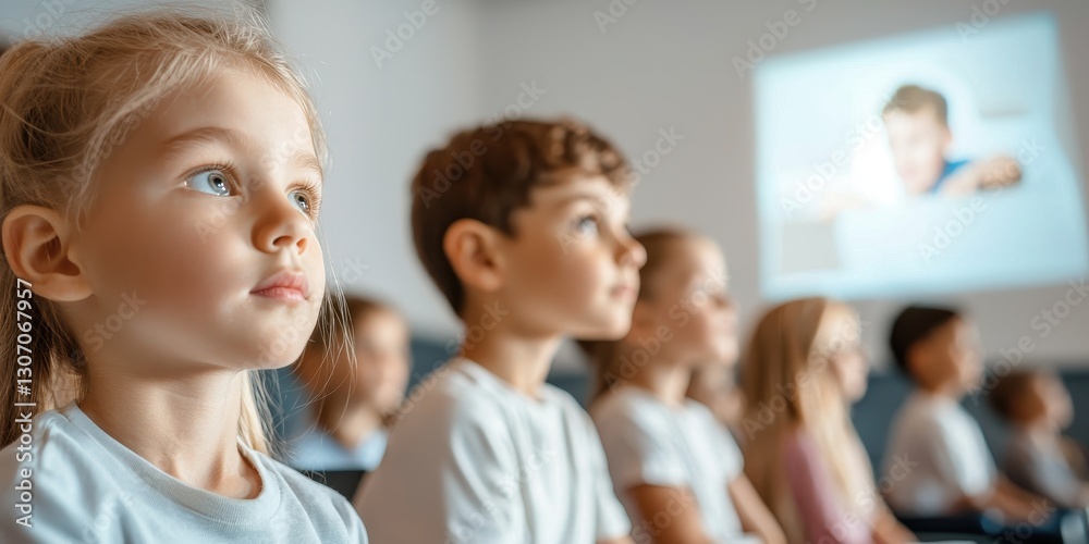 A group of attentive children watching a presentation, focused on the screen, highlighting a learning environment. A group of attentive children watching a presentation, focused on the screen, highlighting a learning environment.