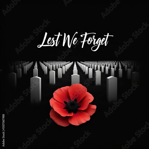 cemetery with soldiers graves and a red poppy on a black background with copy space, concept for for Anzac day or remembrance day or memorial day