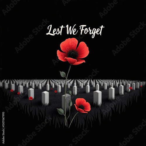 cemetery with soldiers graves and red poppies on a black background with copy space, concept for for Anzac day or remembrance day or memorial day