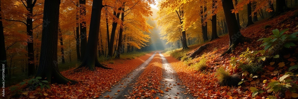 Fototapeta premium Autumn leaves covering a dirt road in a secluded woodland area, forest, autumn