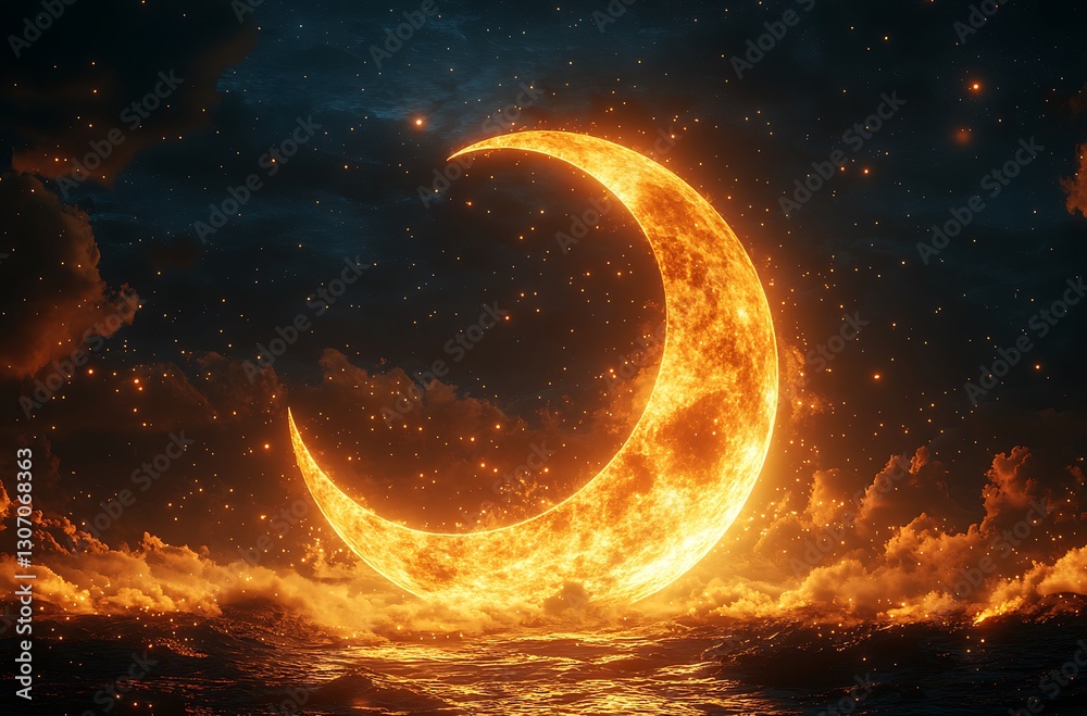 Fototapeta premium Fiery Orange Crescent Moon Amid Dark Clouds and Shimmering Ocean Waves