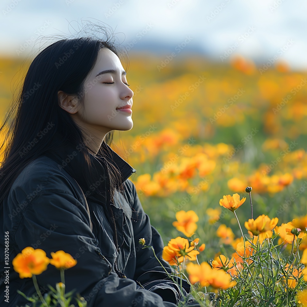 Naklejka premium Woman meditates in a yellow flower field