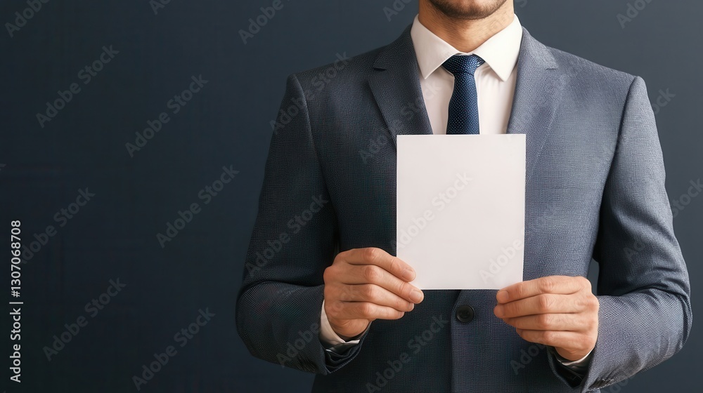 Professional Man in Suit Holding Blank Paper Against Dark Background for Business Presentations or Advertisements Professional Man in Suit Holding Blank Paper Against Dark Background for Business Presentations or Advertisements