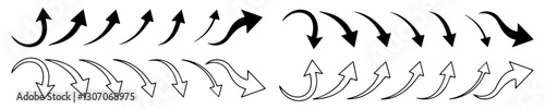 Downward and upward curved arrows  icons. Direction and flow symbols. Vector illustration isolated on white background. Solid and Line syle.