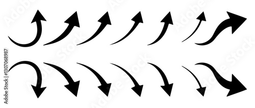 Downward and upward curved arrows  icons. Direction and flow symbols. Vector illustration isolated on white background. Solid syle.