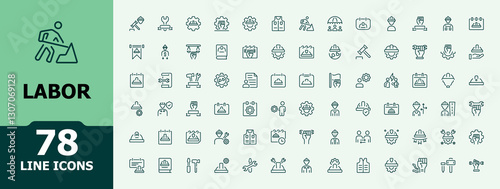 Labor icon set. Icons build, wage, insurance, equipment, engineer, work, builder, labour. UI icon set in a thin design. Minimalistic icon collections.