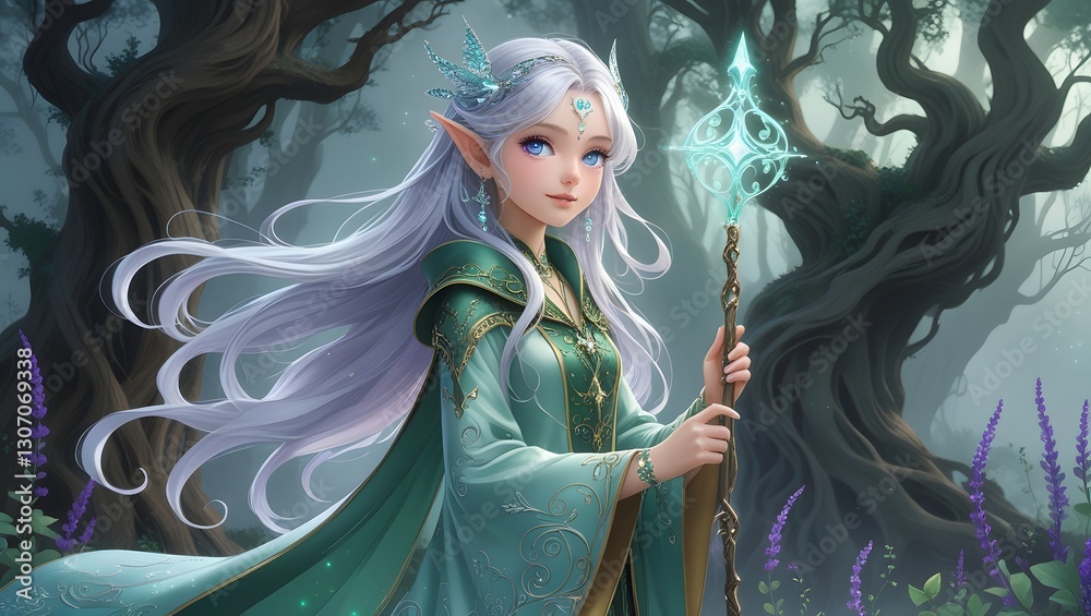 Fototapeta premium Enchanted Fantasy Elf with Magical Staff in Mystic Forest Scene