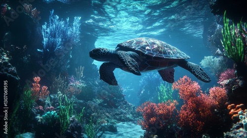 Giant sea turtle swimming through a coral reef, vibrant and detailed, peaceful and calming, cinematic underwater scene, natural and beautiful
