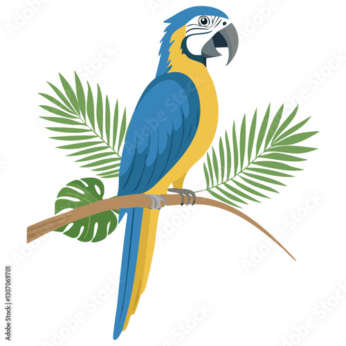 Macaw parrot sitting on a branch vector illustration. Exotic yellow blue bird on isolated background